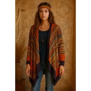 Freeway Wool Sweater Womens Medium Rust Mixed Print Open‎ Front Long Line Artsy